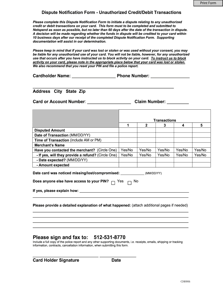 Dispute Documents at Netspend  Form